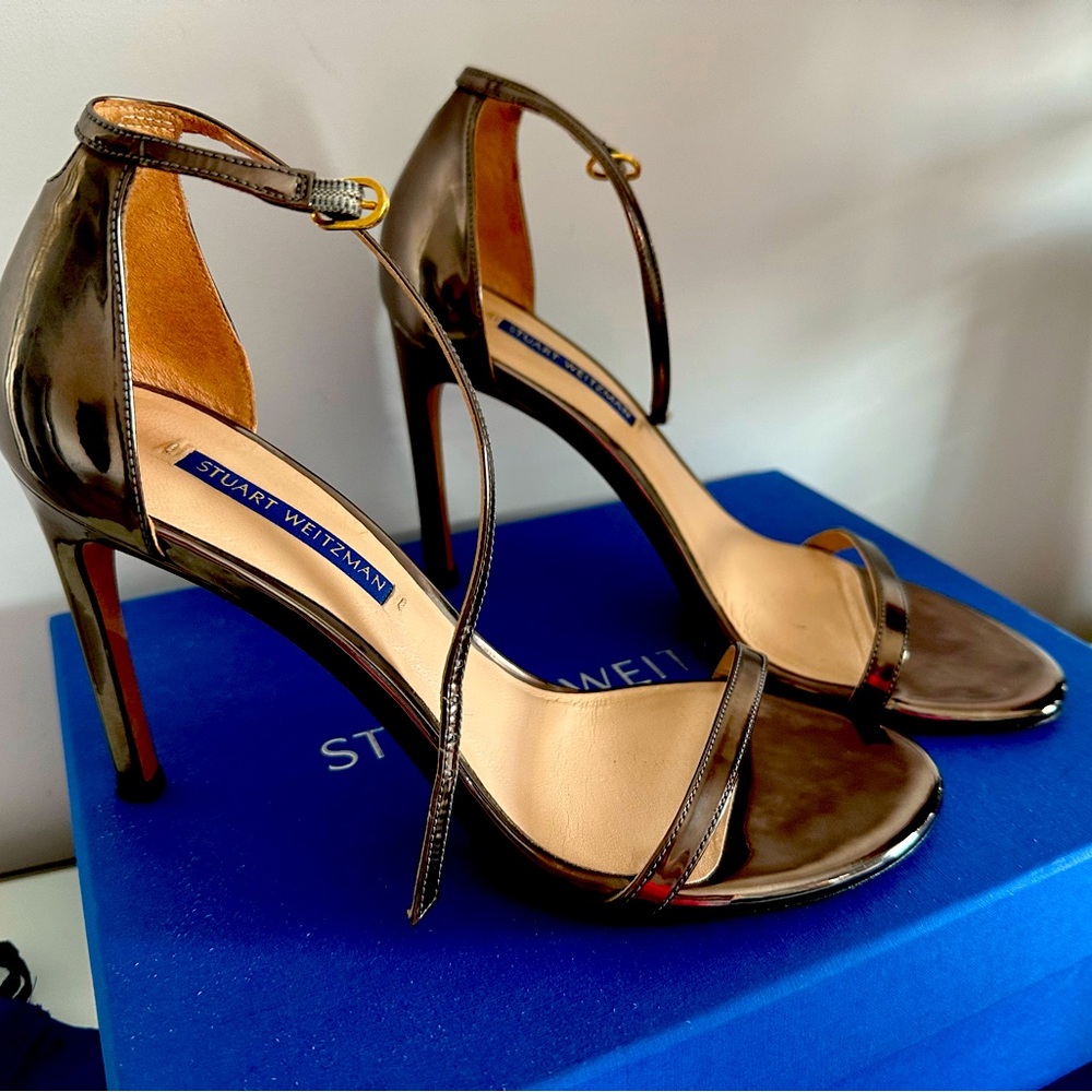 Stuart Weitzman Nudistsong Ankle Strap Heels, Women's Size 8 M, Pewter Glass